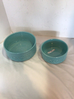 Pair Aqua Ceramic Dog Bowl Set