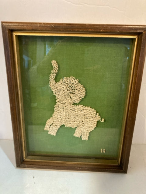 Framed Green/White Paper & Fabric Elephant Art