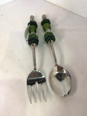 Pottery Barn Silver/Green Metal/Glass Salad Set
