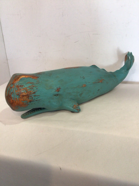 Carved Teal Wood Whale Sculpture