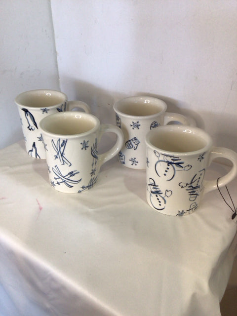 Eddie Bauer Mug White/Blue Ceramic Snowflake Set of 4 Holiday Item