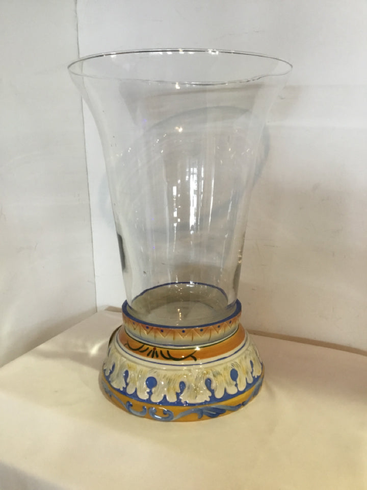 Fitz & Floyd 2 Piece Blue/Yellow Ceramic/Glass Candle Holder