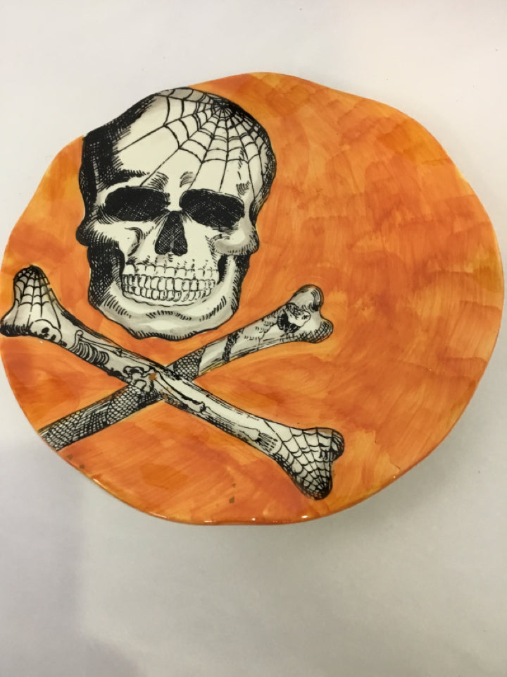 Halloween Orange/White Ceramic Plate Skull Holiday Item