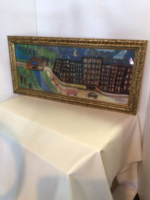 Signed Multi-Color Painted Street Scene Framed Art