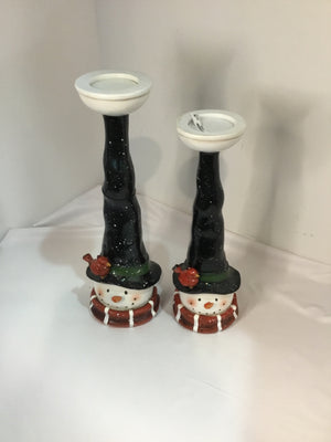 Candle Holder Black/White Wood Snowman Pair Holiday Item