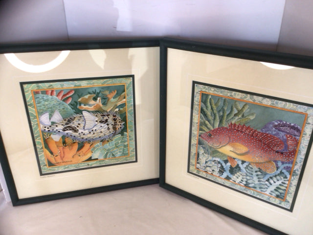 Pair Green/White Fish Framed Art