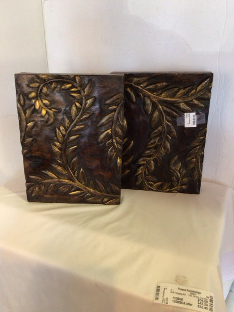 Pair Brown Ceramic Leaves Wall Hanging Art