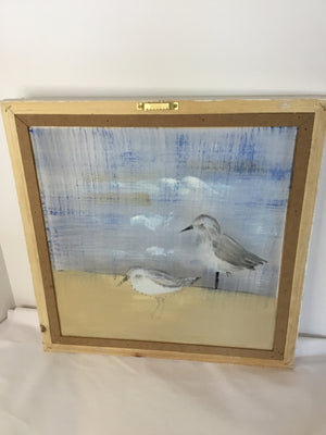 Blue/Tan Screen Painted Beach Birds Framed Art