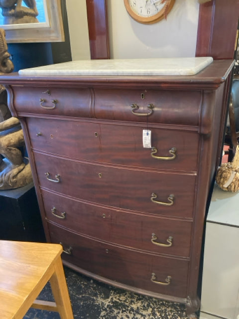 Vintage Wood 5 Drawer Marble Top Brown Dresser/Chest