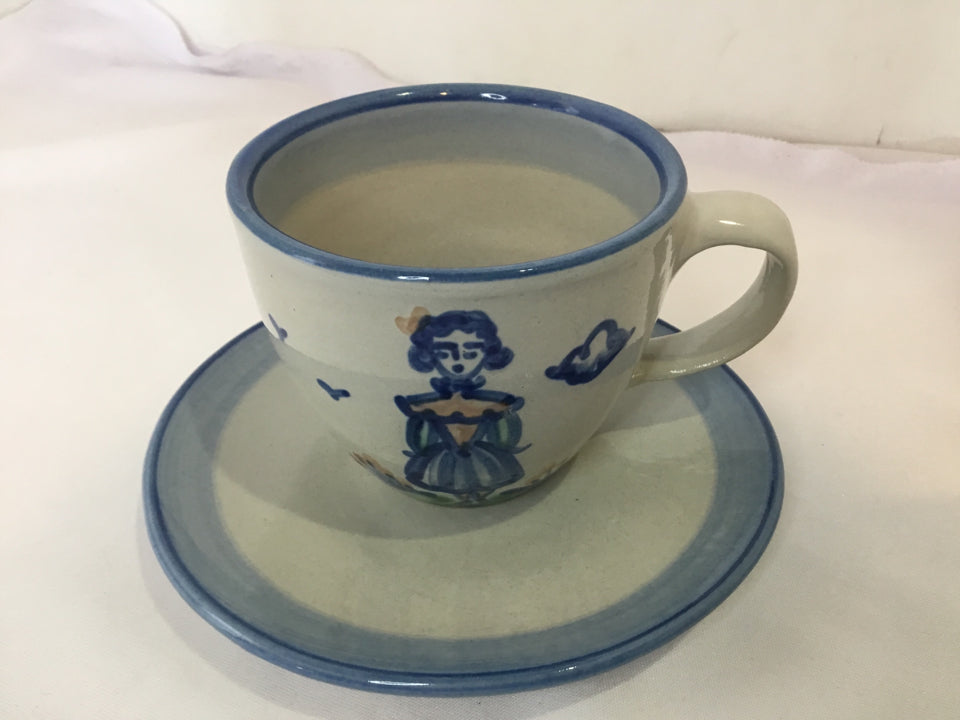 M.A. Hadley 2 Piece Gray/Blue Stoneware Cup/Saucer