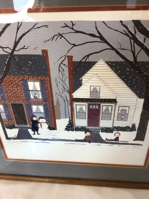 Signed Christmas Gray/White Snow Scene Framed Art