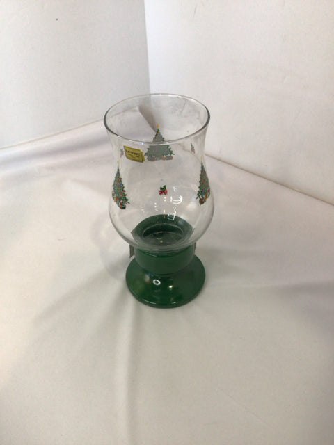 Avon Candle Holder Green/Clear Glass Christmas Tree 2 piece Holiday Item