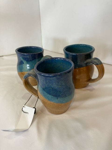 Set of 3 Blue/Brown Pottery Mug Set