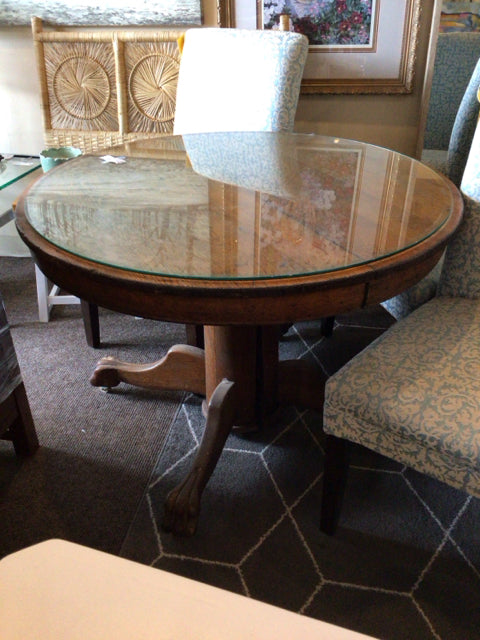 Dining Oak Glass Top Pedestal Brown Table