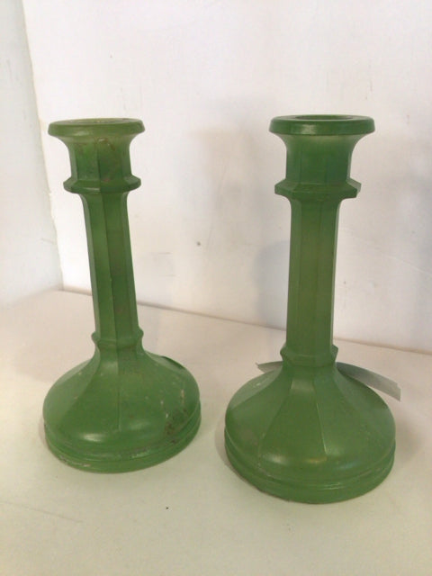Vintage Green Glass Candle Sticks