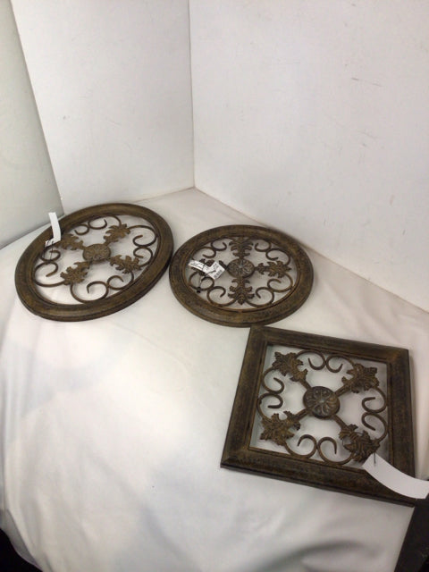 Set of 3 Metal Medallion Brown Wall Decoration Art