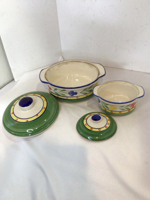 PIER 1 Pair Green/White Stoneware Lidded Cookware