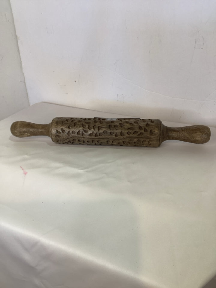 Vintage Gray Wood Carved Rolling Pin