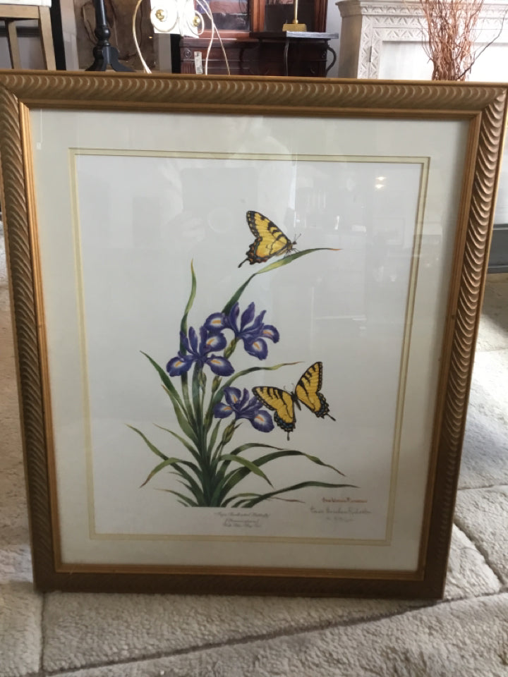 Signed Print Purple/Yellow Butterfly Flowers Framed Art