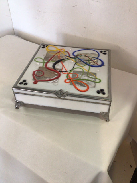 Handmade White/Multi Glass Abstract Jewelry Box
