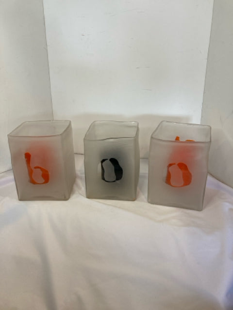 Halloween White Frosted Glass Set of 3 w/Candle Holiday Item
