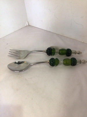 Pottery Barn Silver/Green Metal/Glass Salad Set