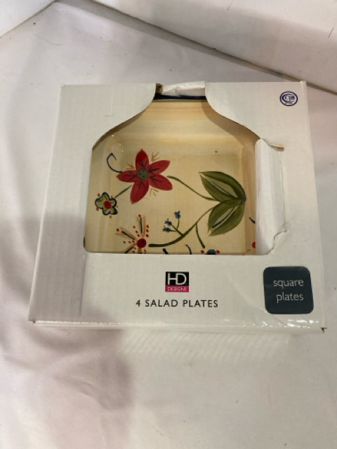 HDesign Salad Cream/Green Stoneware Floral Plate Set