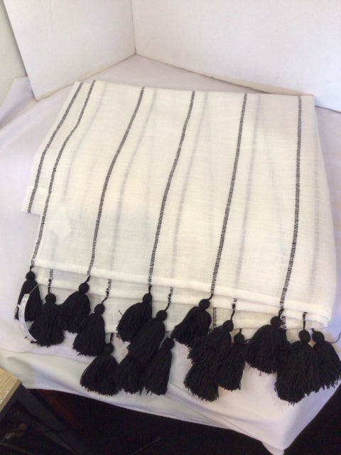 White/Black Polyester Tassels Stripe Shower Curtain