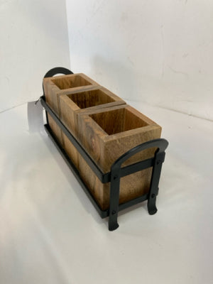Rustic Brown/black Metal/Wood 3 Boxes Silverware Caddy