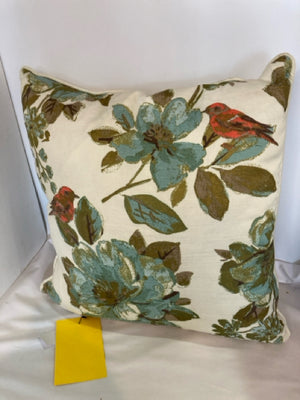 Down Cream/Blue Polyester Birds Floral Pillow