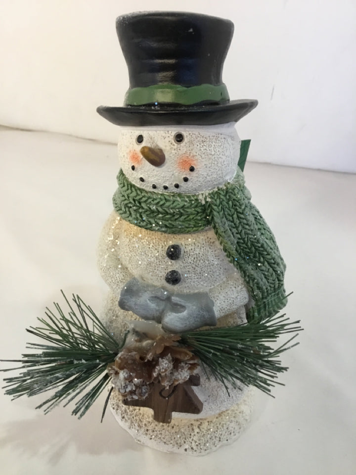 Figurine White/Green Resin Snowman Holiday Item