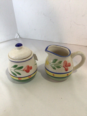 PIER 1 Pair White/Multi Stoneware Sugar/Creamer