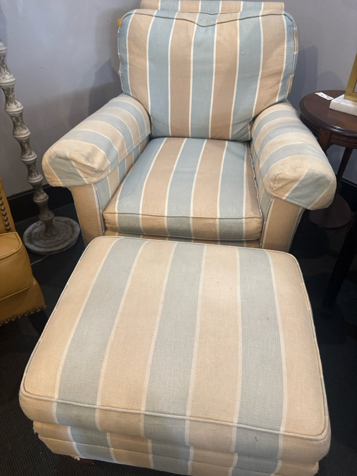 Polyester Striped Tan/Blue Chair & Ottoman