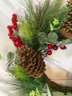 Wreath Green/Red Plastic Berries Pinecones Holiday Item