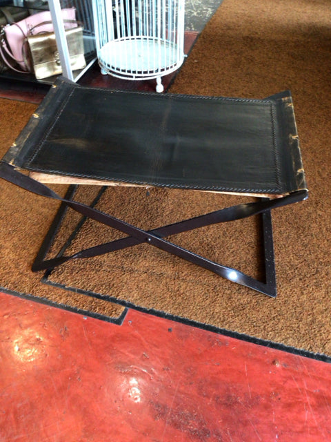 Vintage Black Leather Folding FootStool/Ottoman