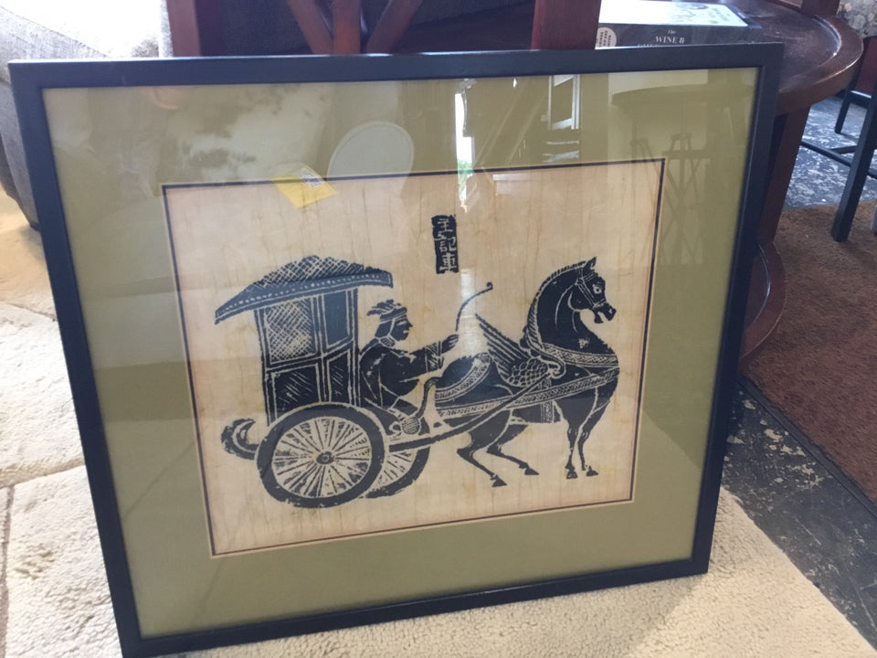Chinese Green/Black Horse/Carriage Framed Art