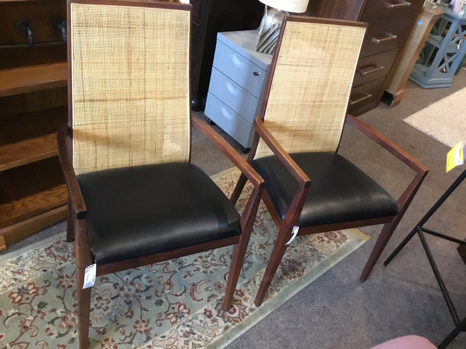 Mid-Century Wood/Leather Pair Brown/black Chair Set