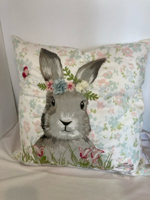 Easter Gray/Pink Cotton Down Bunny Floral Pillow