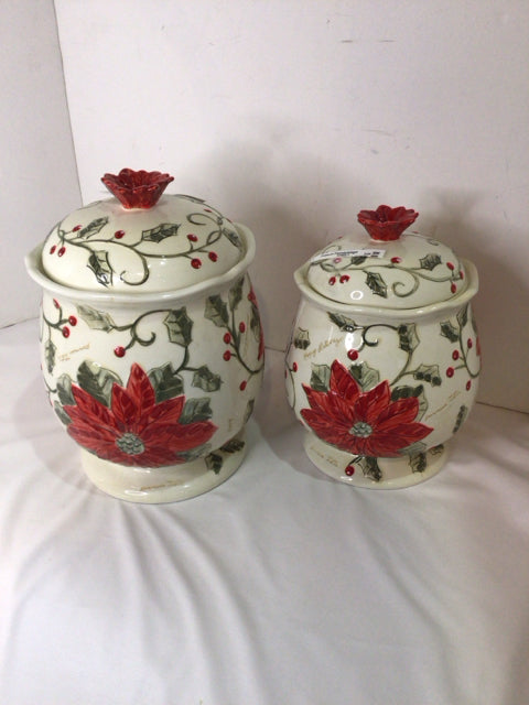Gibson Canister Cream/Red Ceramic Pair Poinsettia Holiday Item