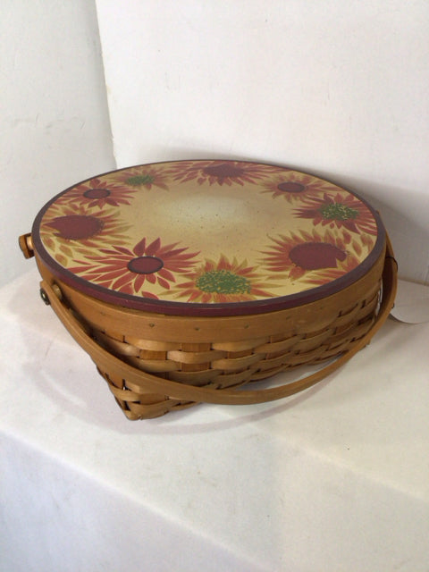 Round Tan Lidded Painted Basket