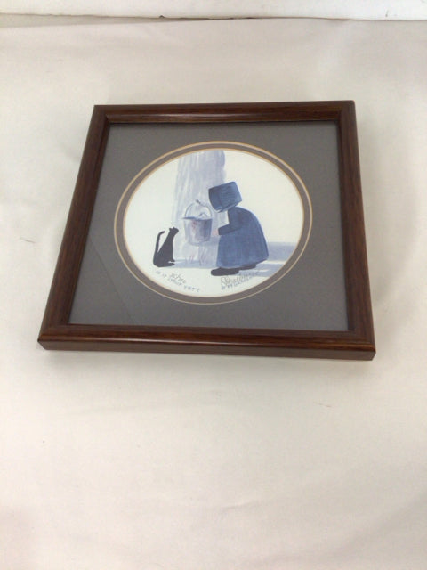 Signed Blue/Gray Girl Cat Framed Art