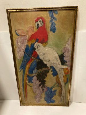 Signed Mid Century Muted Parrot Cocktail Framed Art