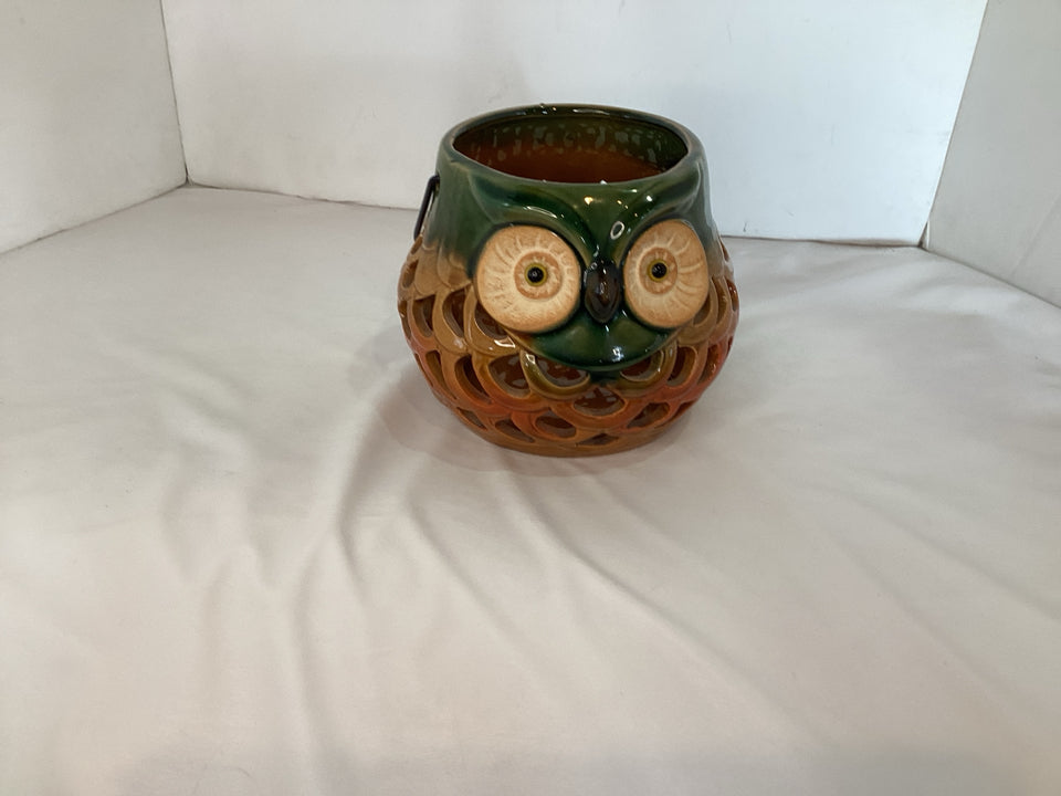 Lantern Brown/Green Ceramic Owl Candle Holder