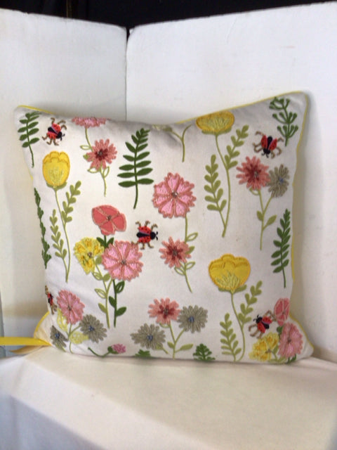 White/Yellow Down Crewel Floral Bugs Pillow