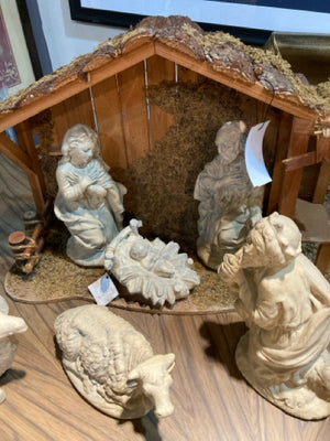 Vintage 10 pieces Brown/White Wood/Stone Nativity As Is Holiday Item