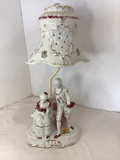 Vintage Victorian White/Red Porcelain Couple Lamp