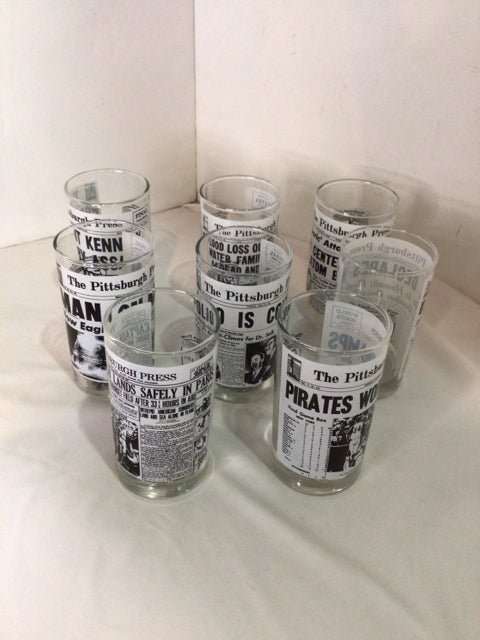 Set of 8 White Glass Newspaper Glasses