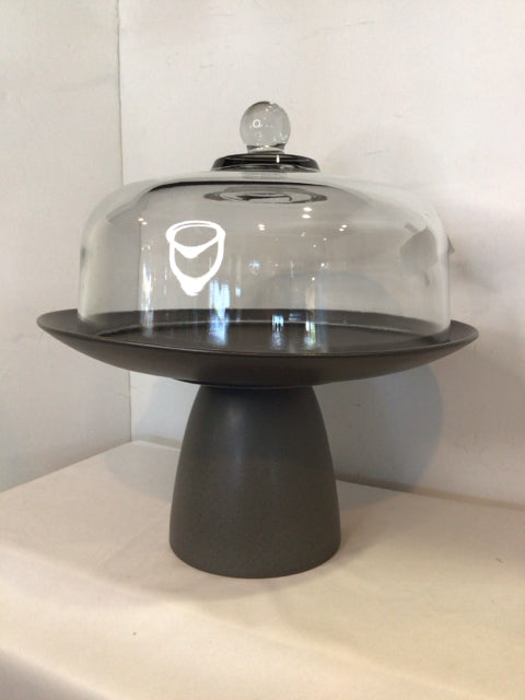 Crate & Barrel Clear/Gray Glass Cake Plate/Stand