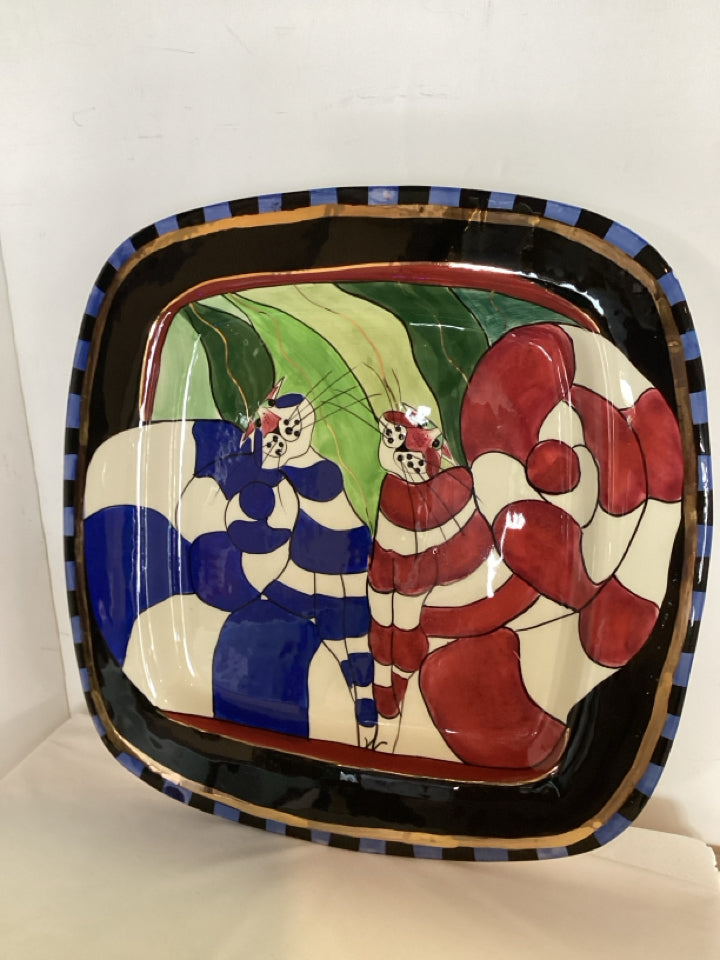 Signed Square Multi Ceramic Cats Tray