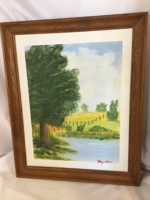 Signed White/Green Canvas Painted Countryside Framed Art